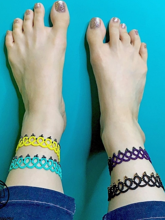 Handmade Jewelry - Colorful Handcrafted Lace Anklet Set - Yellow, Teal